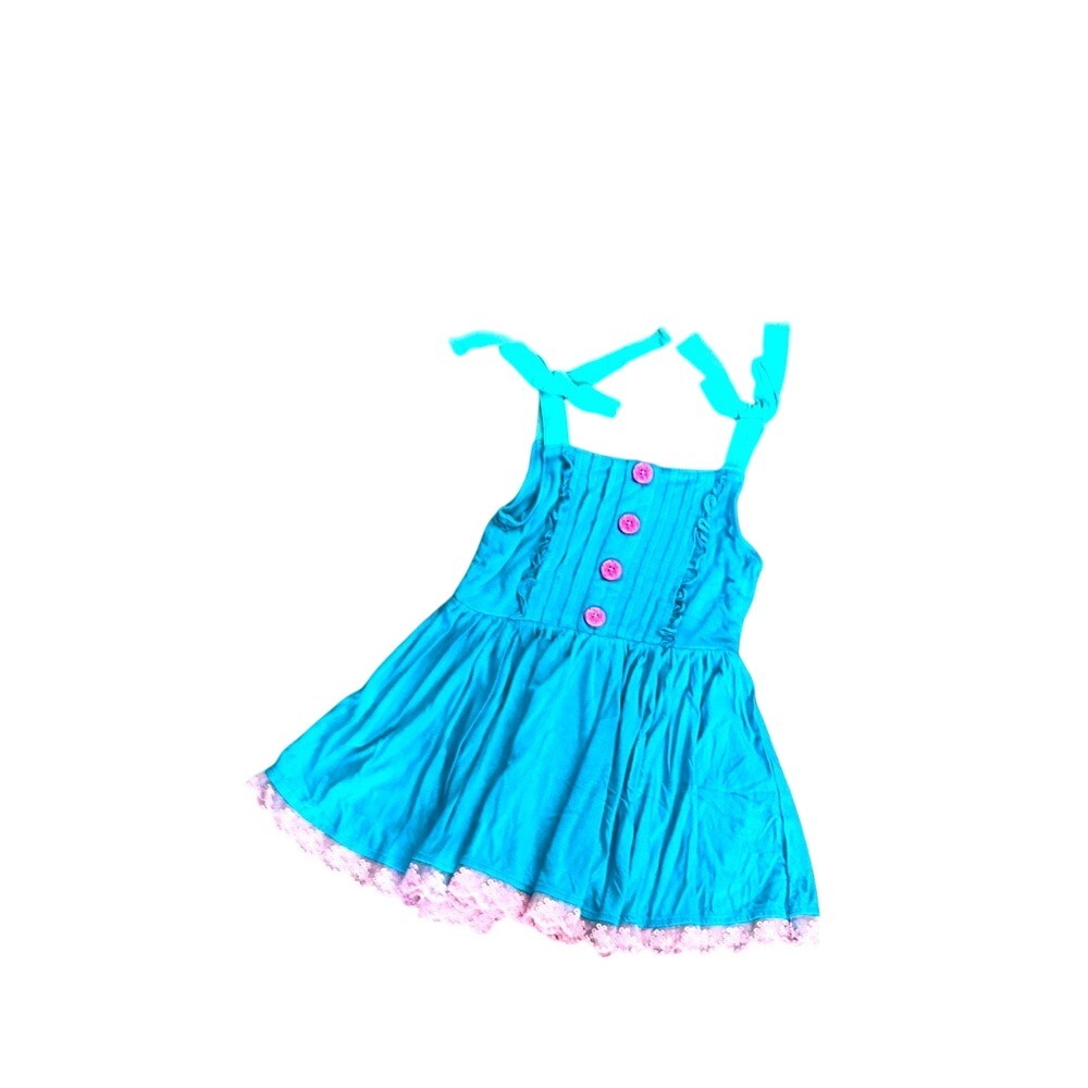 Wild Flowers Turquoise Ruffle Lace Trim‎ Dress Girls Size 4 Knot Shoulder